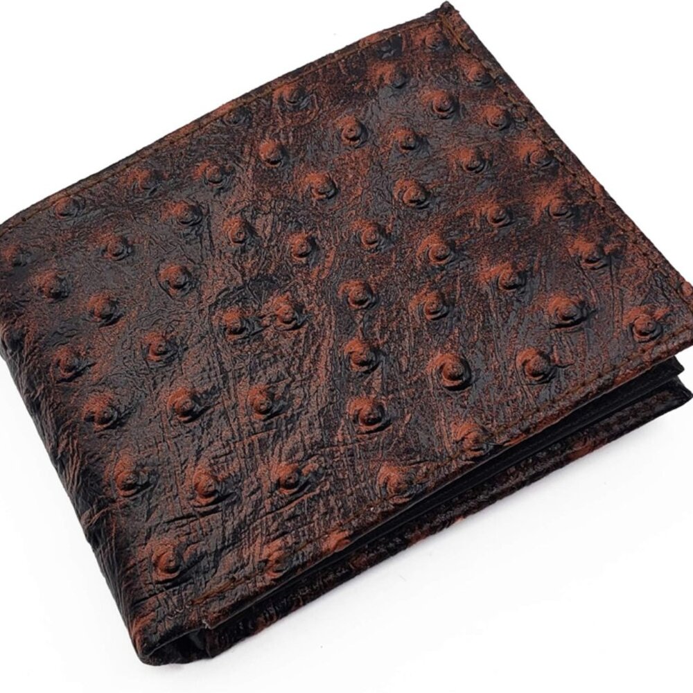 CLEARANCE NWTDark Brown Genuine Leather Bifold Wallet Ostrich Pattern 242581